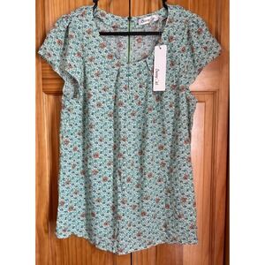 Sunny Girl XL Women's Floral Top Green Short Sleeve Zip Neck Blouse Casual NWT